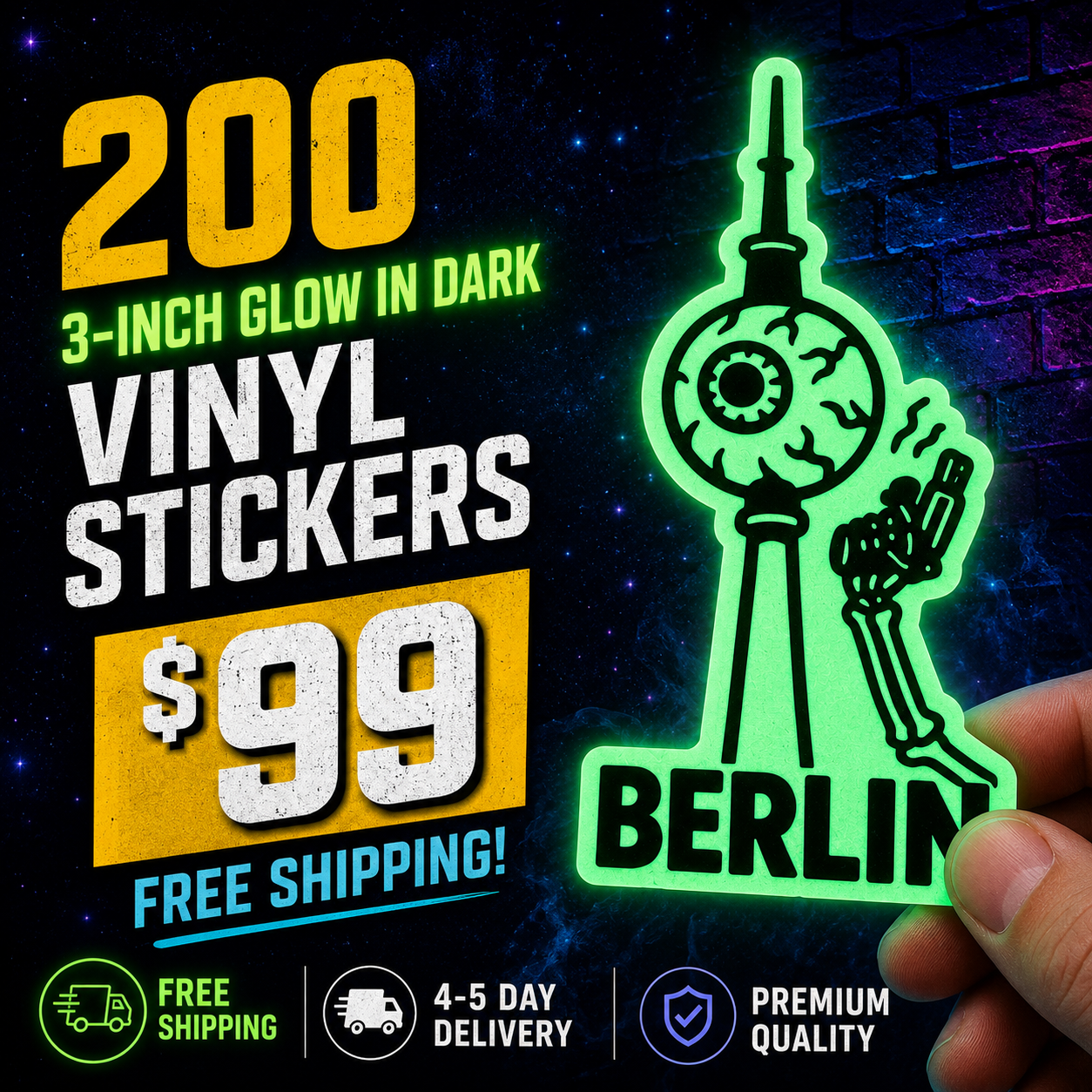 200 3" Custom Glow In The Dark Stickers